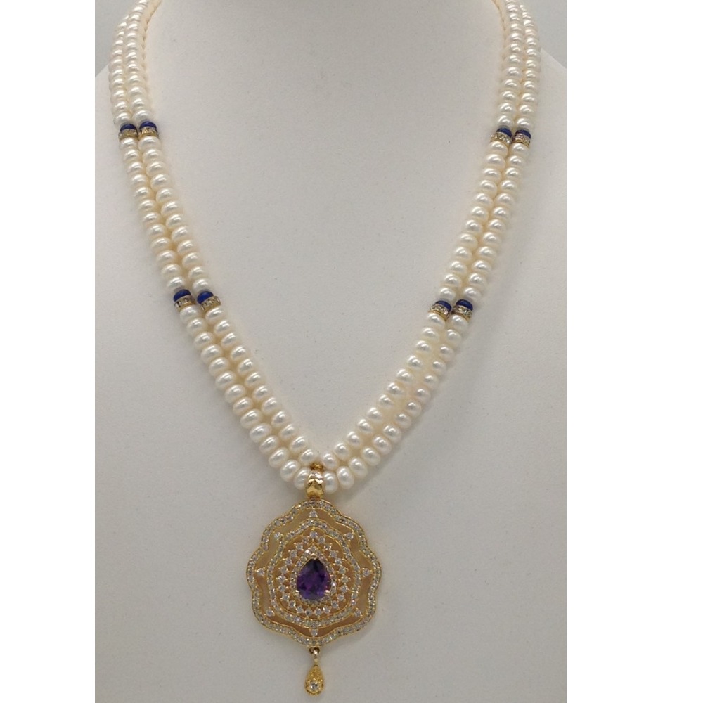 White;purple cz pendent set with 2 line flat pearls jps0309