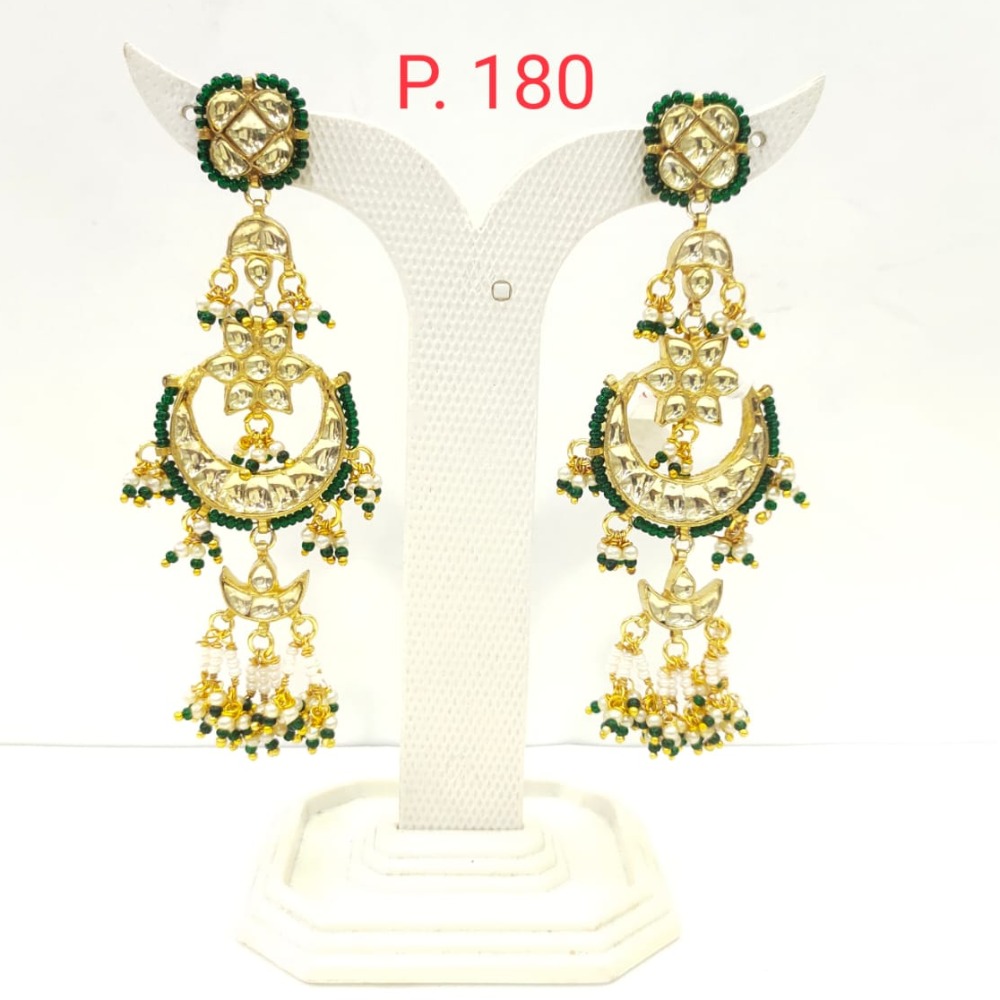 Wedding Gold plated Moon Shape Green Earring with Pearl 1507