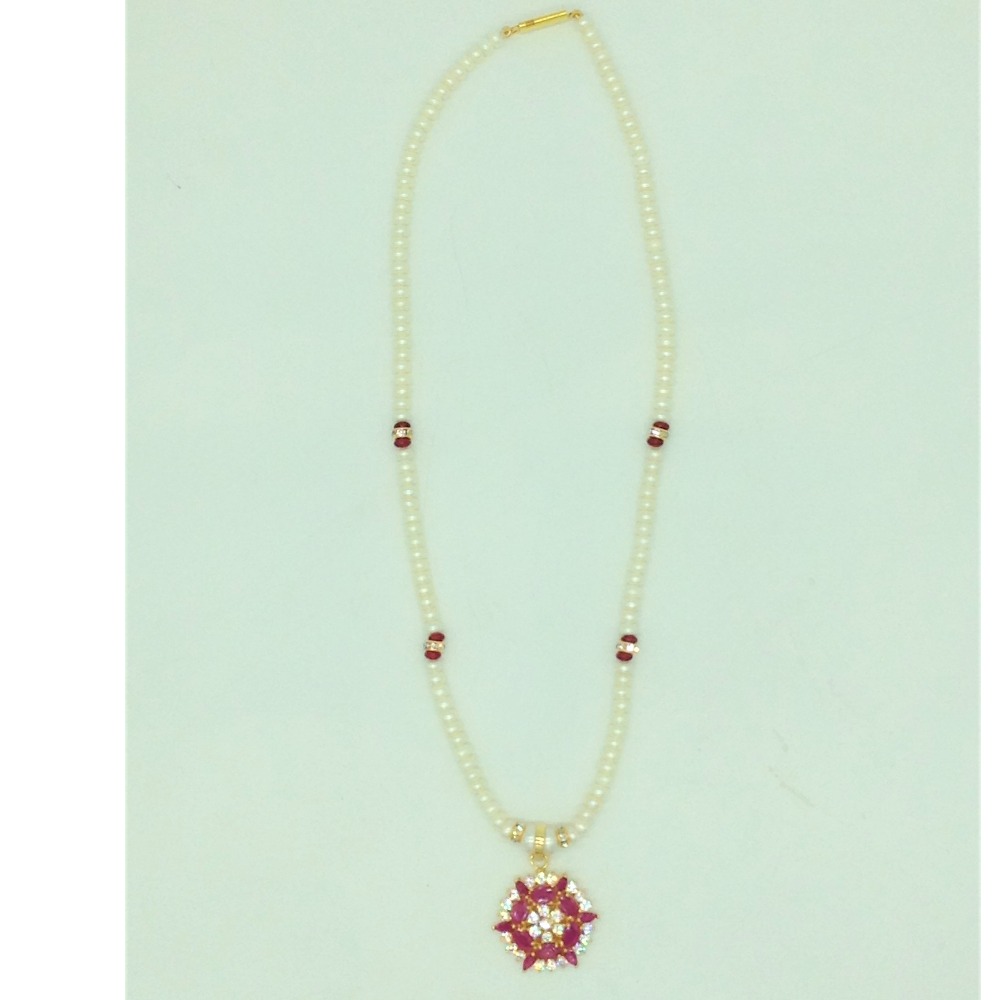 White;red cz pendent set with 1 line flat pearls mala jps0679