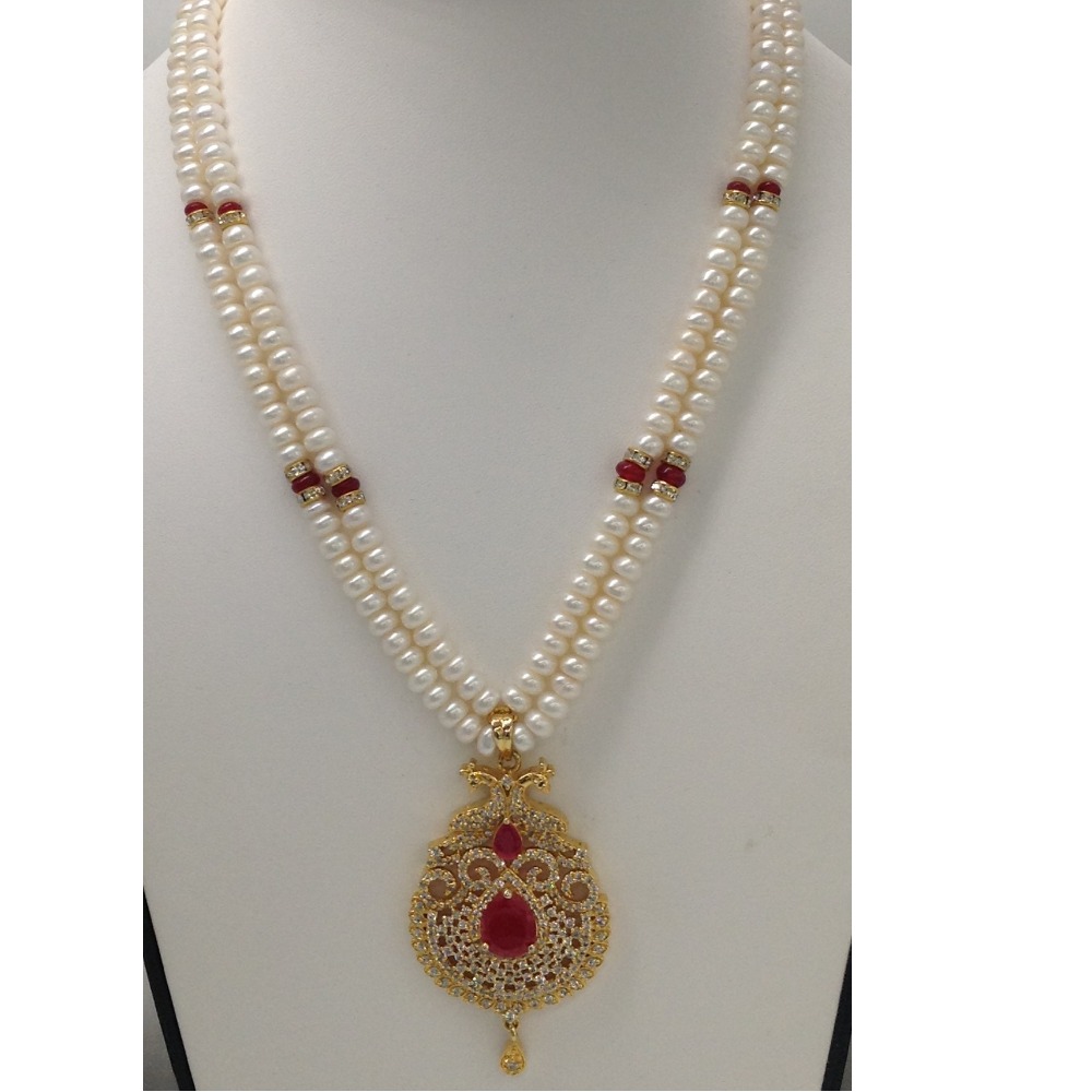 White;red cz pendent set with 2 line flat pearls mala jps0275