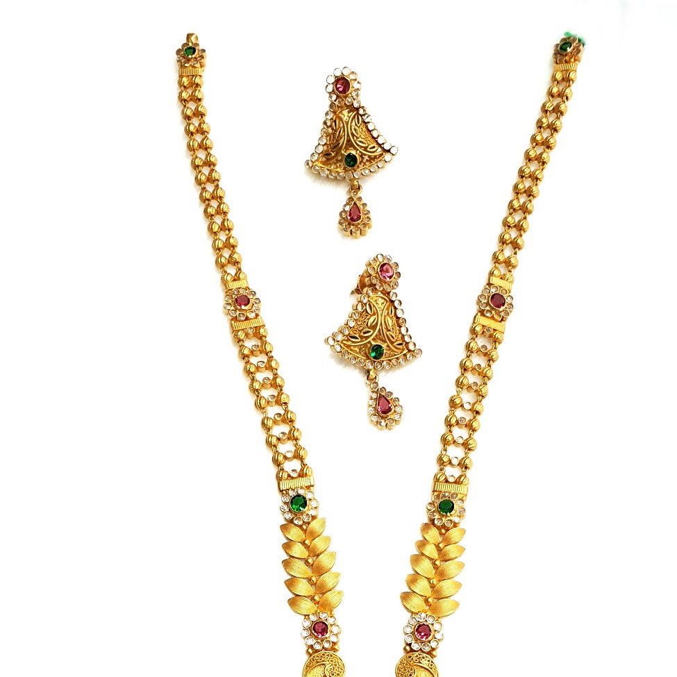 22k Gold Checkers Diamond Antique Necklace With Earrings MGA - GLS091