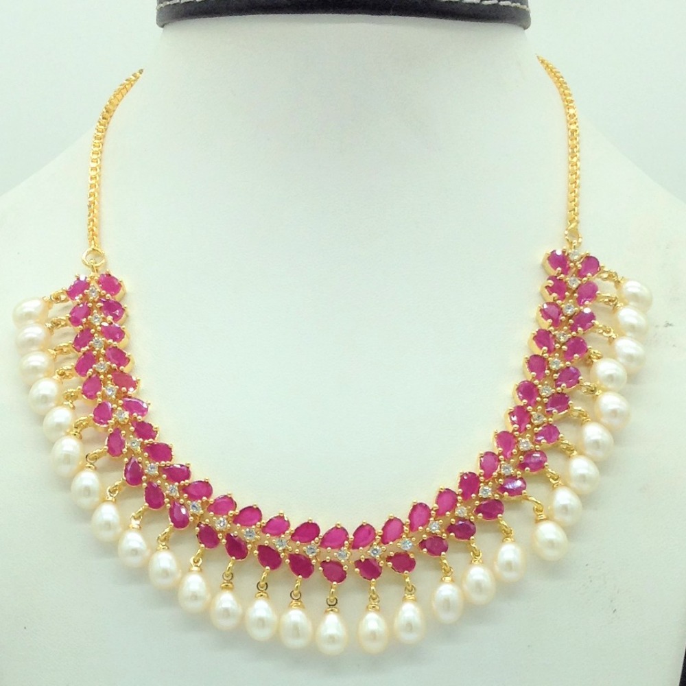 White ,red cz stones and tear drop pearls necklace set jnc0152