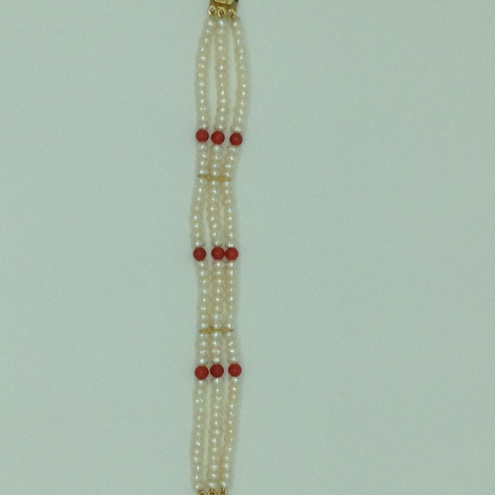 White Flat Pearls With Coral Beeds 3 Layers Bracelet JBG0204