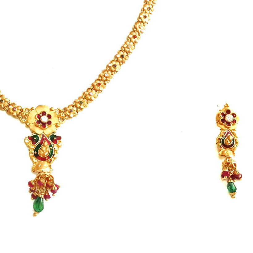 916 Gold Flower Shaped Light Weight Necklace Set MGA - GN064