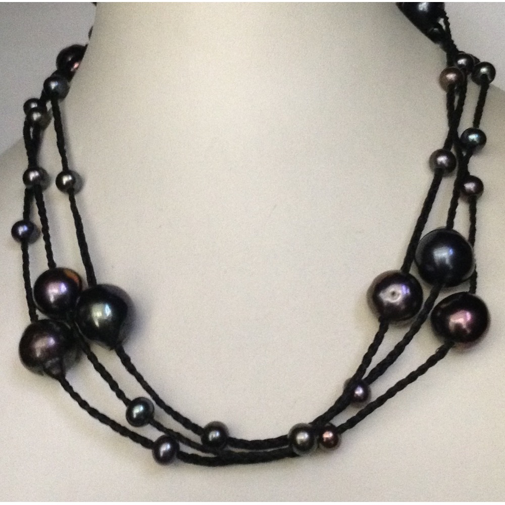 Freshwater black baroque pearls long dori mala JPM0233
