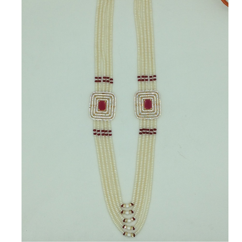 White And Red CZ Brooch Set With 5 Lines Flat Pearls Mala JPS0666