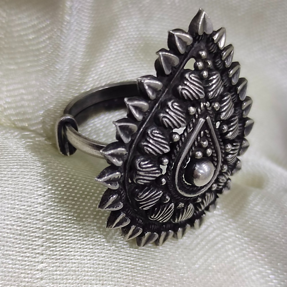 Puran drop shape ethnic sterling silver ladies ring (free size)