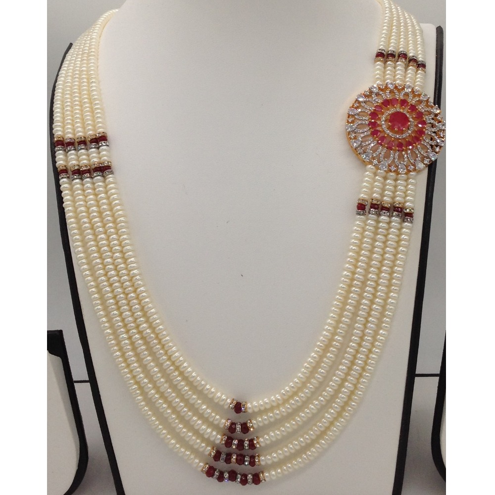 White and red cz brooch set with 5 lines flat pearls mala jps0461