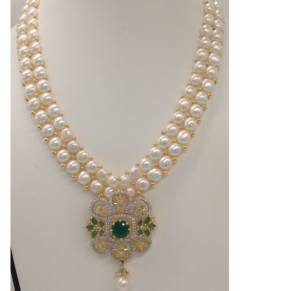 White;green cz pendent set with 2 line button pearls mala jps0261