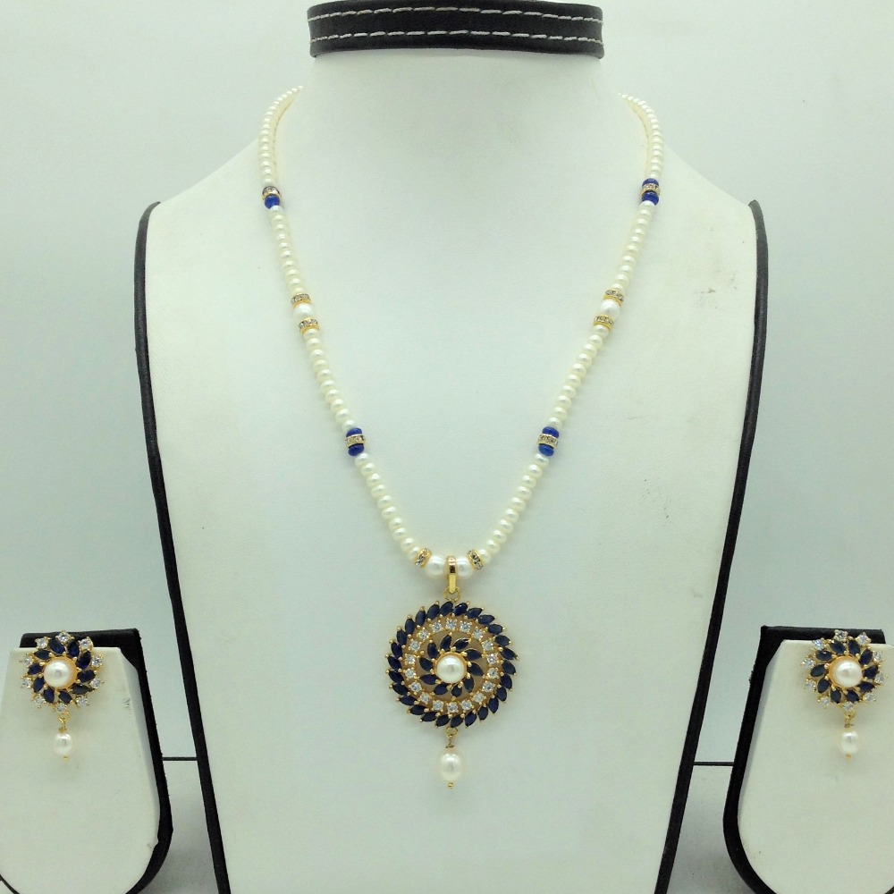 White,Blue CZ Pendent Set With 1 Line Flat Pearls Mala JPS0727