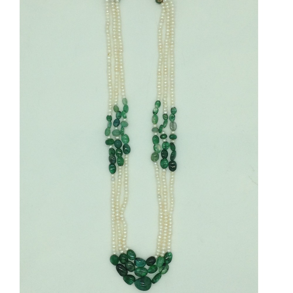 White flat pearls with green bariels 3 layers necklace jpm0417