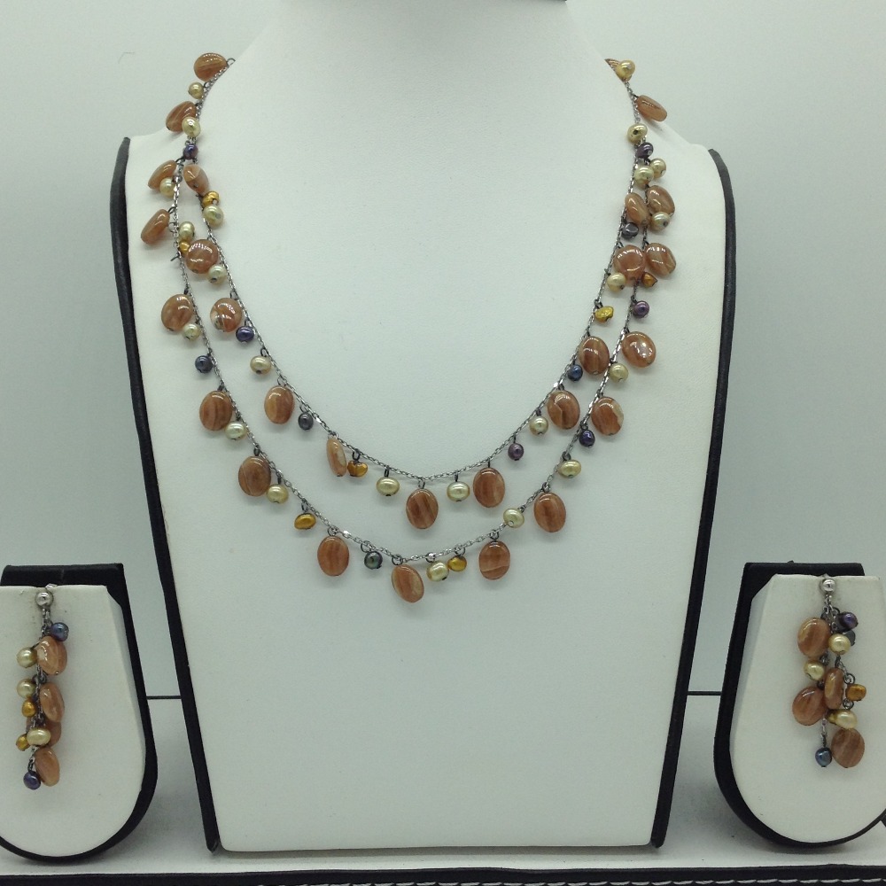 Freshwater pearls and brown semi drops silver necklace set jnc0073