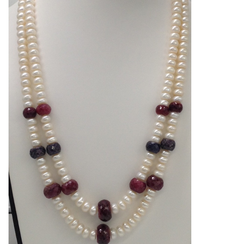 Freshwater White Flat Pearls 2 Layers Necklace With Faceted Red Ruby and Blue Sapphires Beeds JPM0197