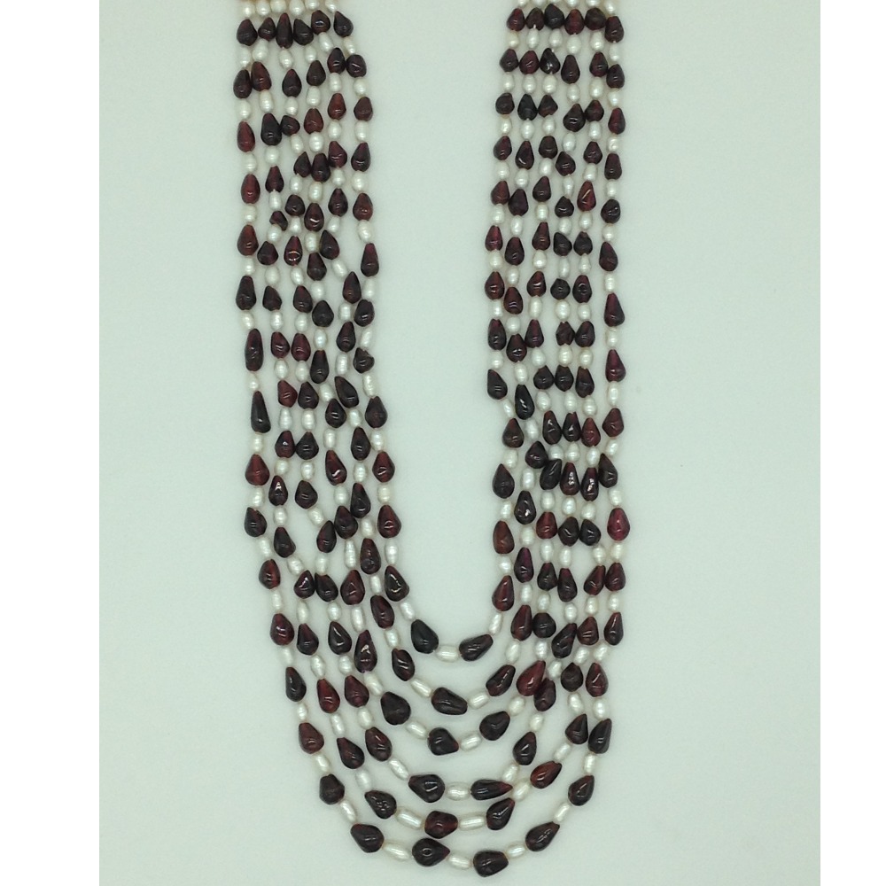 Freshwater White Pearls With Garnets 6 Layers Necklace JPM0391