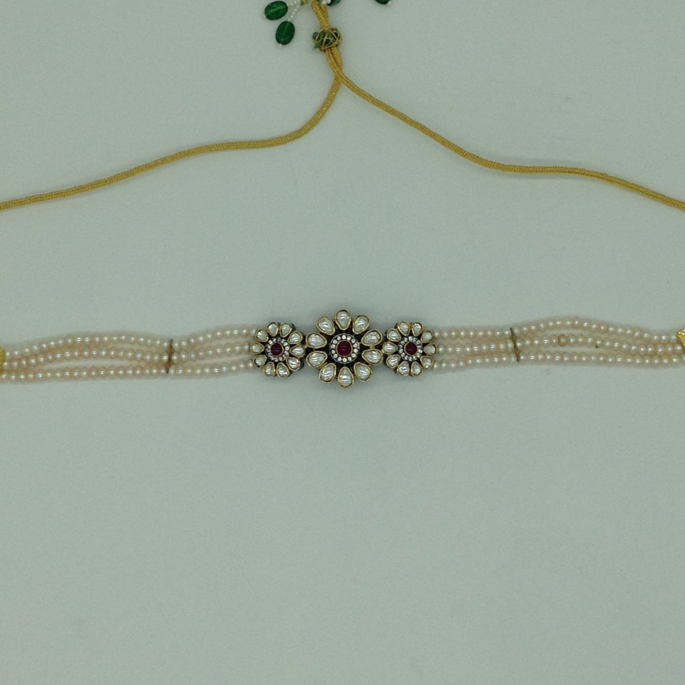 White And Red Kundan Choker Set With 3 Line Pearls JPS0568