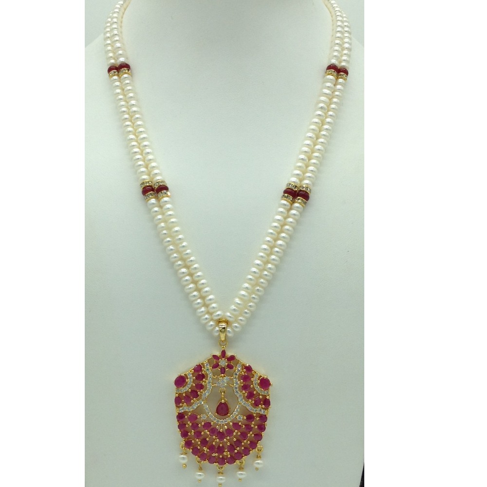 White;red cz pendent set with 2 line flat pearls jps0644