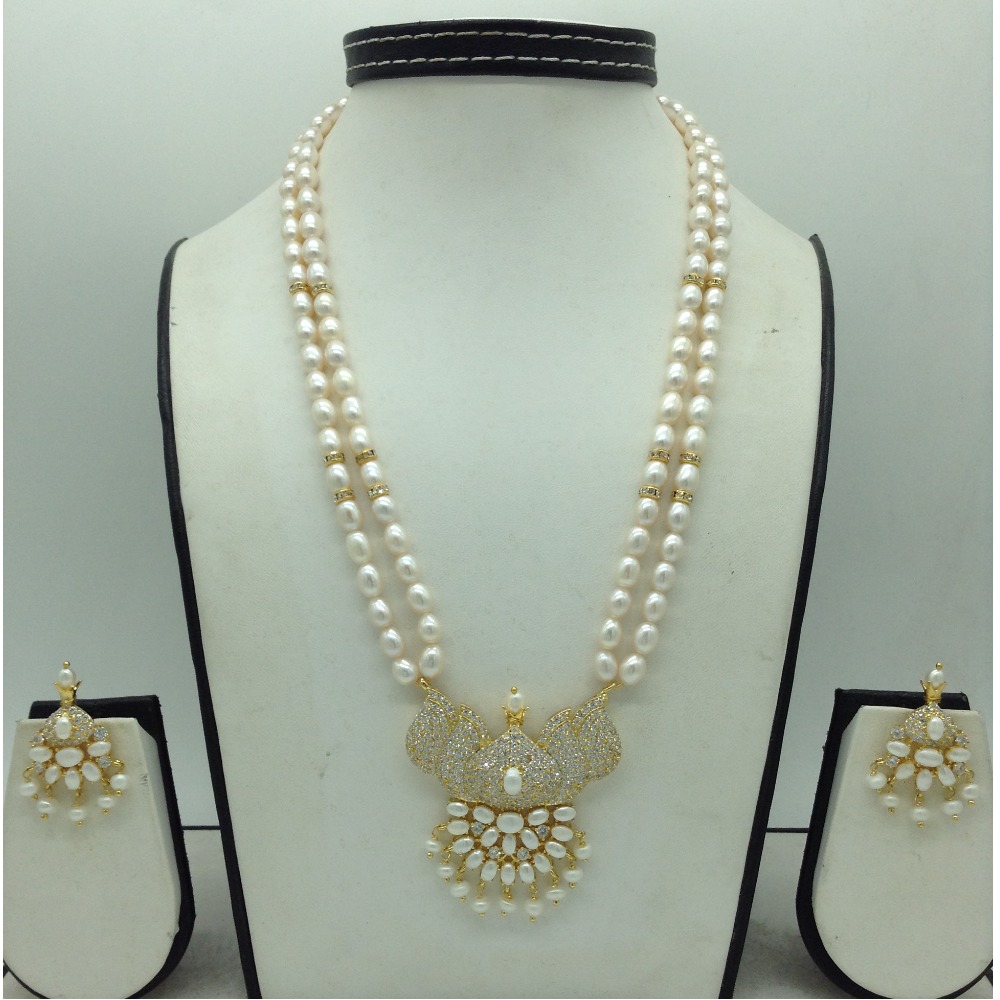 White Cz Pendent Set With 2 Line White Pearls Mala JPS0816