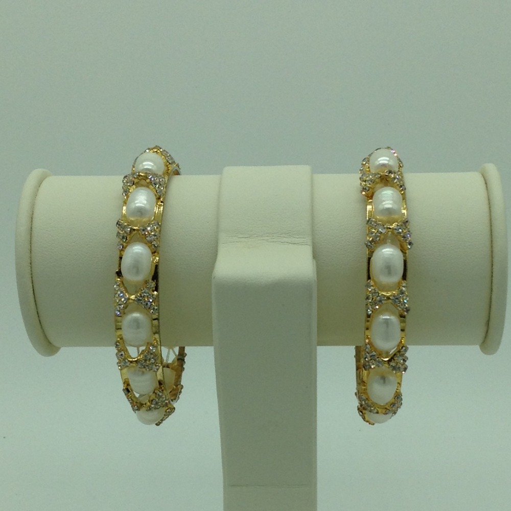White Oval Pearls And CZ Bangles JBG0079