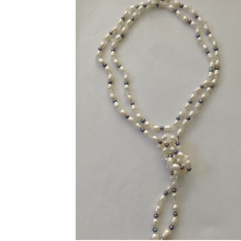 white and grey oval pearls long mala with white beeds JPM0173