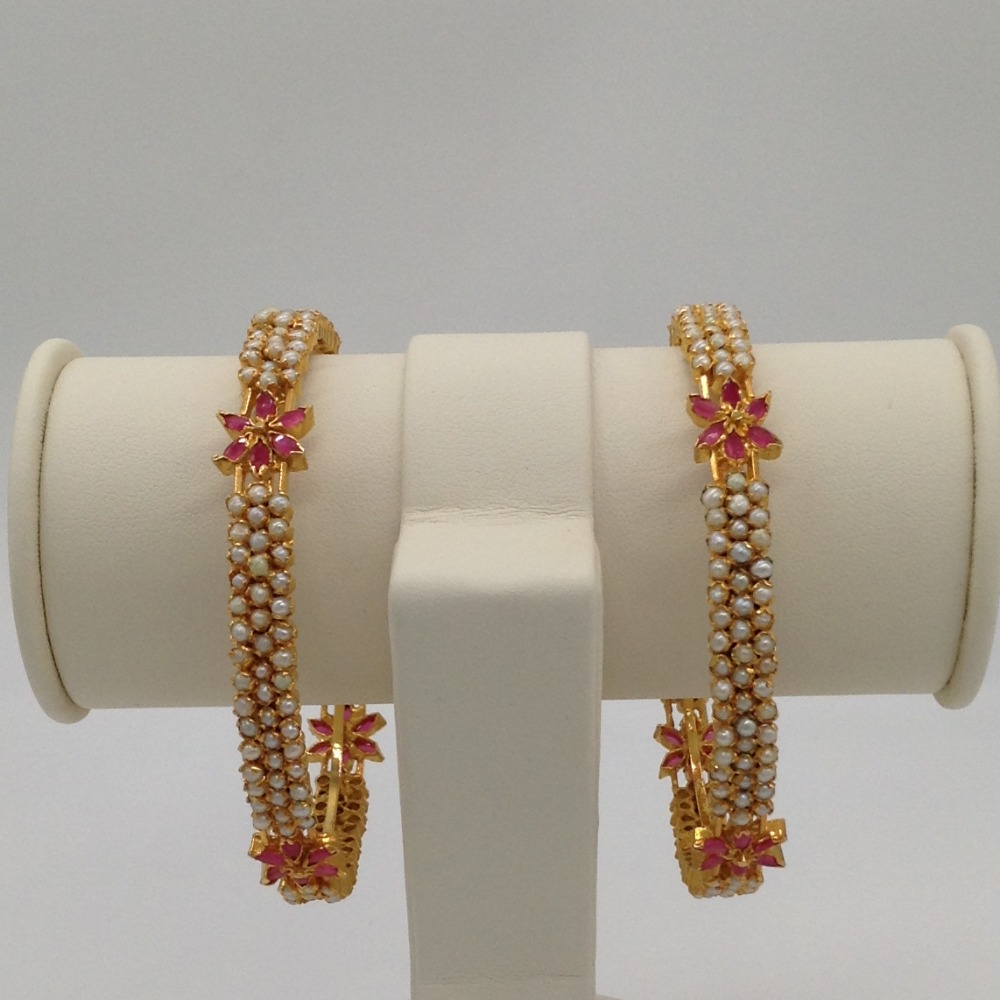 Freshwater White Button Pearls and Red CZ Bangles JBG0008