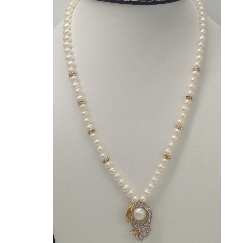 White cz and pearls pendent set with potato pearls mala jps0024