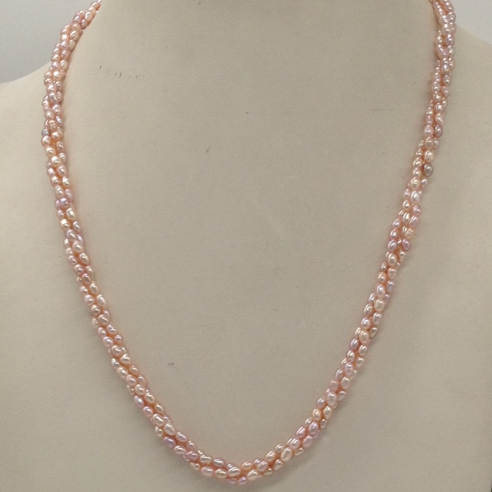 Freshwater pink rice pearls 3 layers twisted necklace jpm0324