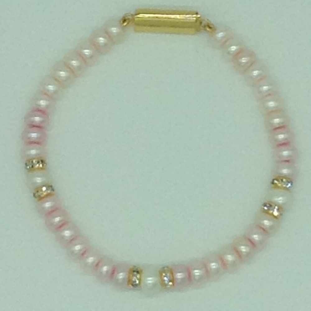 White And Pink Flat Pearls With CZ Chakri 1 Layers Bracelet JBG0102