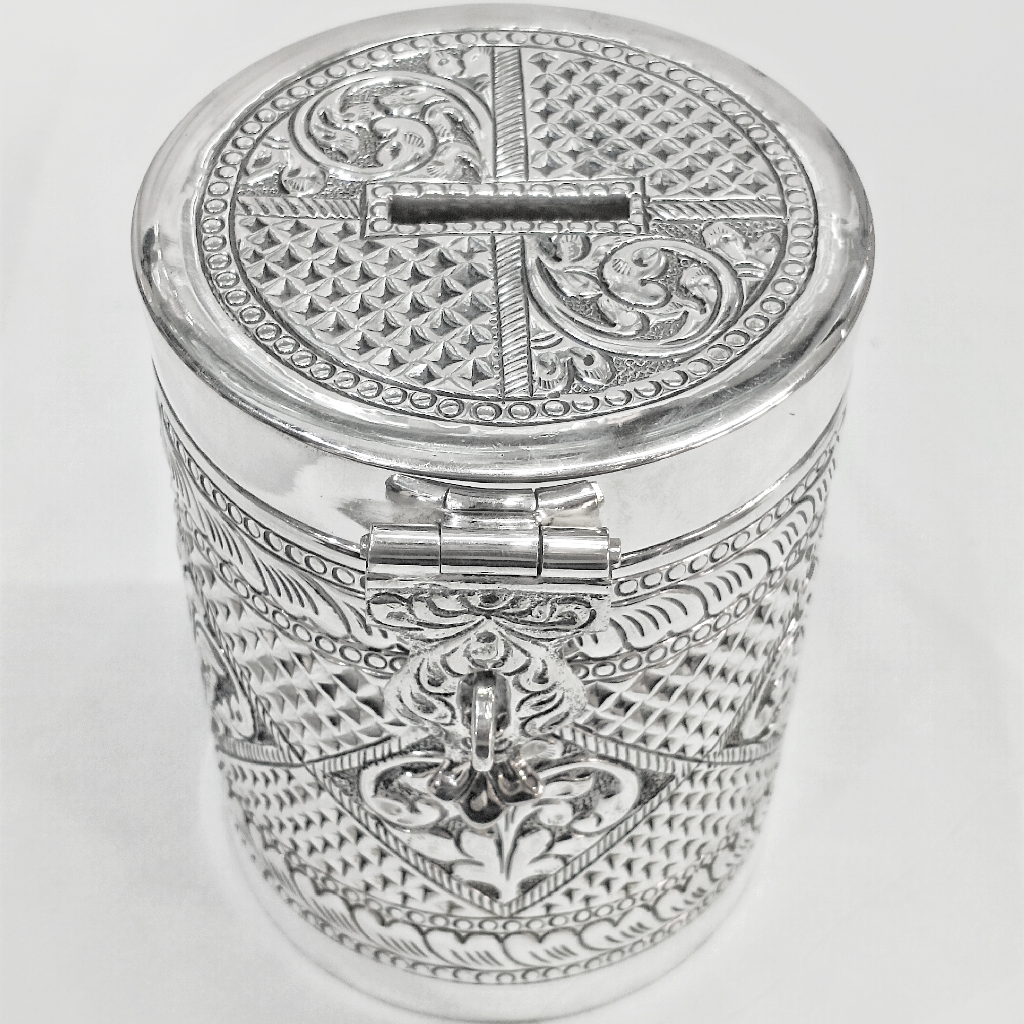 92.5% Pure Silver Gullak In High Finished Antique Work