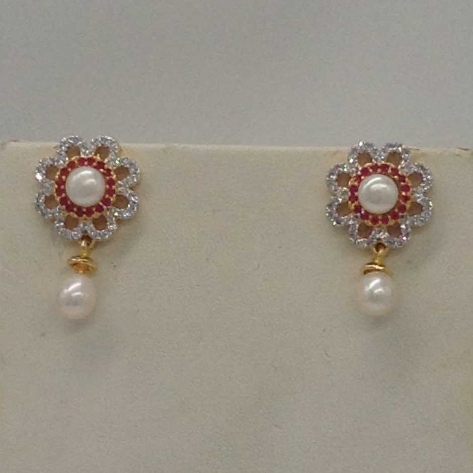 White, Red CZ And Pearls Broach Set With 2 Line Button Jali And 3 Line Flat Pearls Mala JPS0272