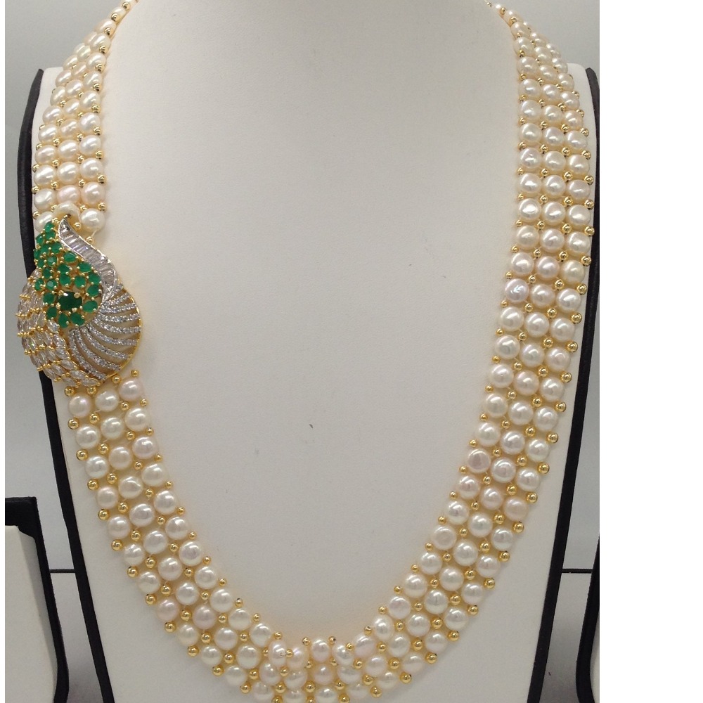 White And Green CZ Broach Set With 3 Line Button Jali Pearls Mala JPS0189