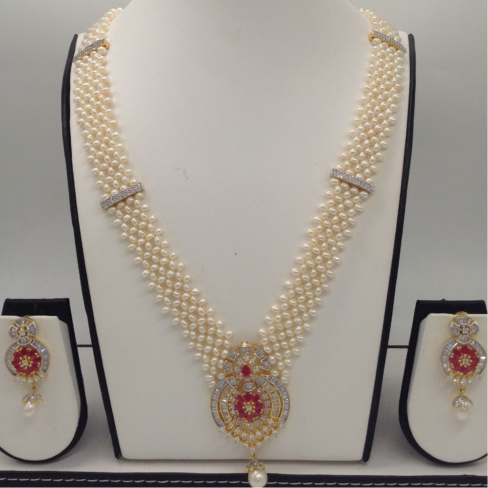 White and red cz rani haar set with seed jali pearls mala jps0374