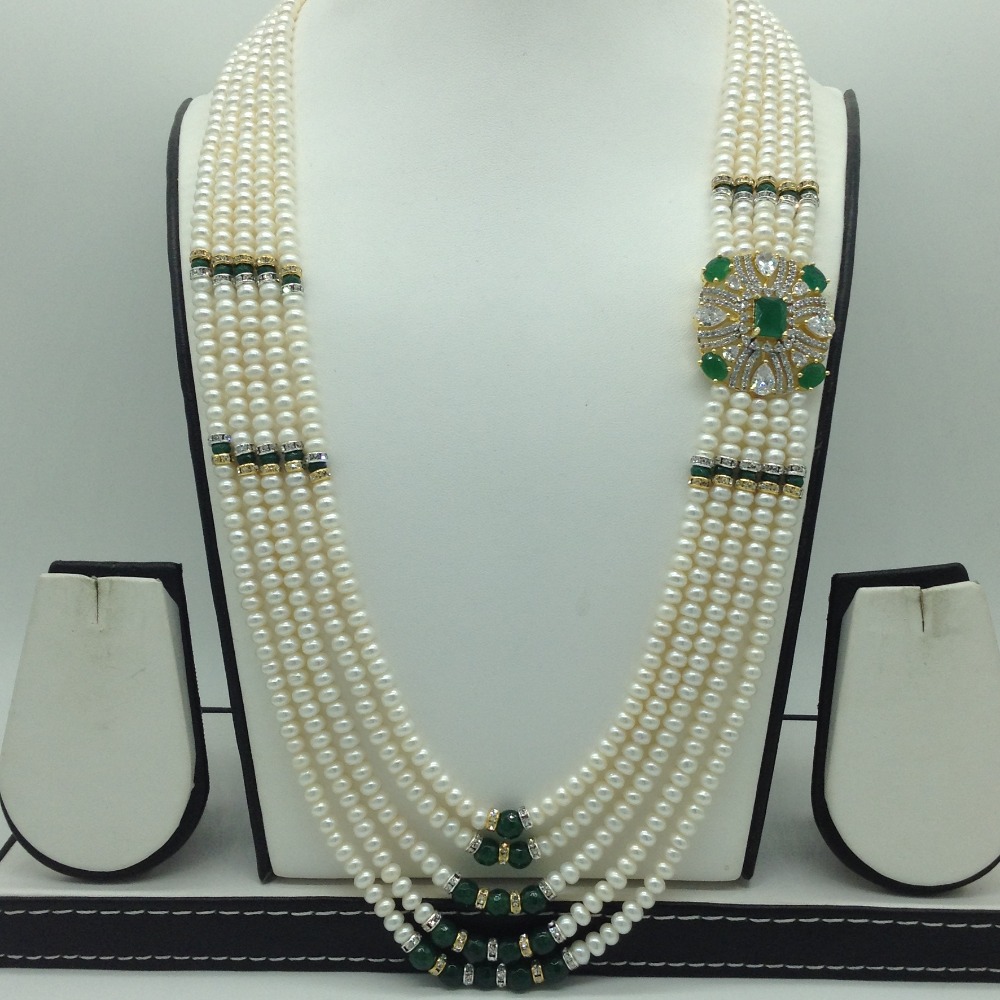 White,green cz Diamond broach set with 5 line pearls mala jps0788