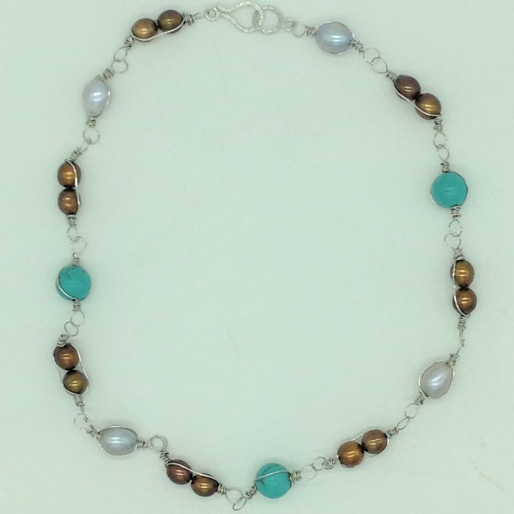Freshwater multicolour pearls and turquoise set in wire mesh jpp1087