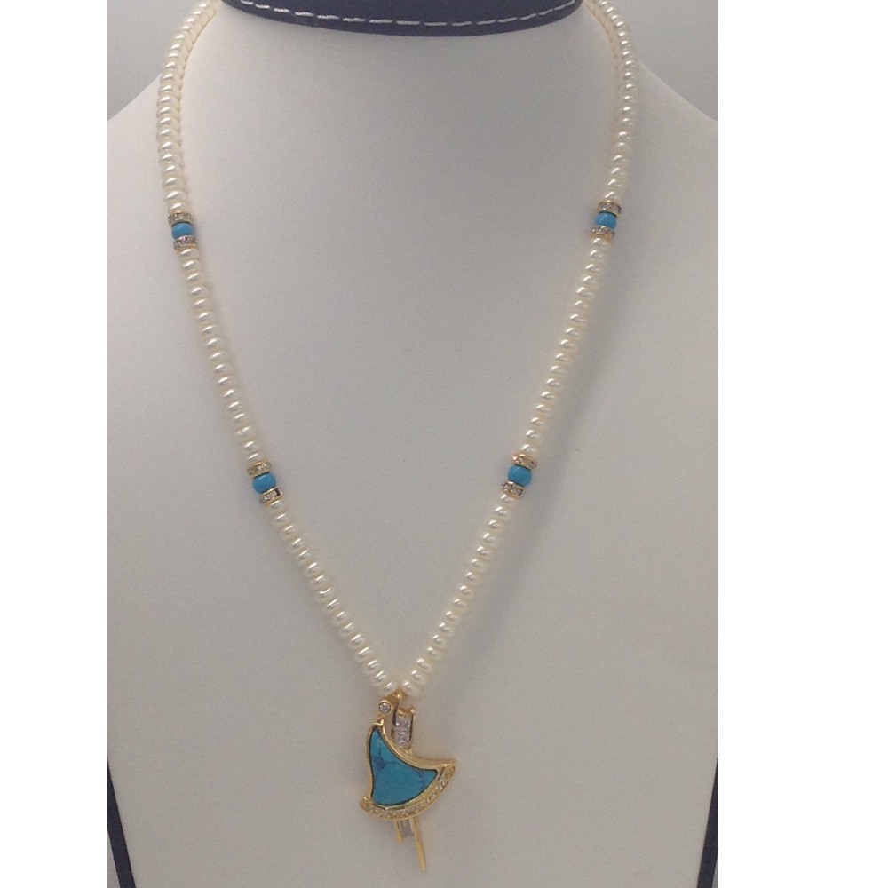 White cz;turquoise pendent set with flat pearls mala jps0174