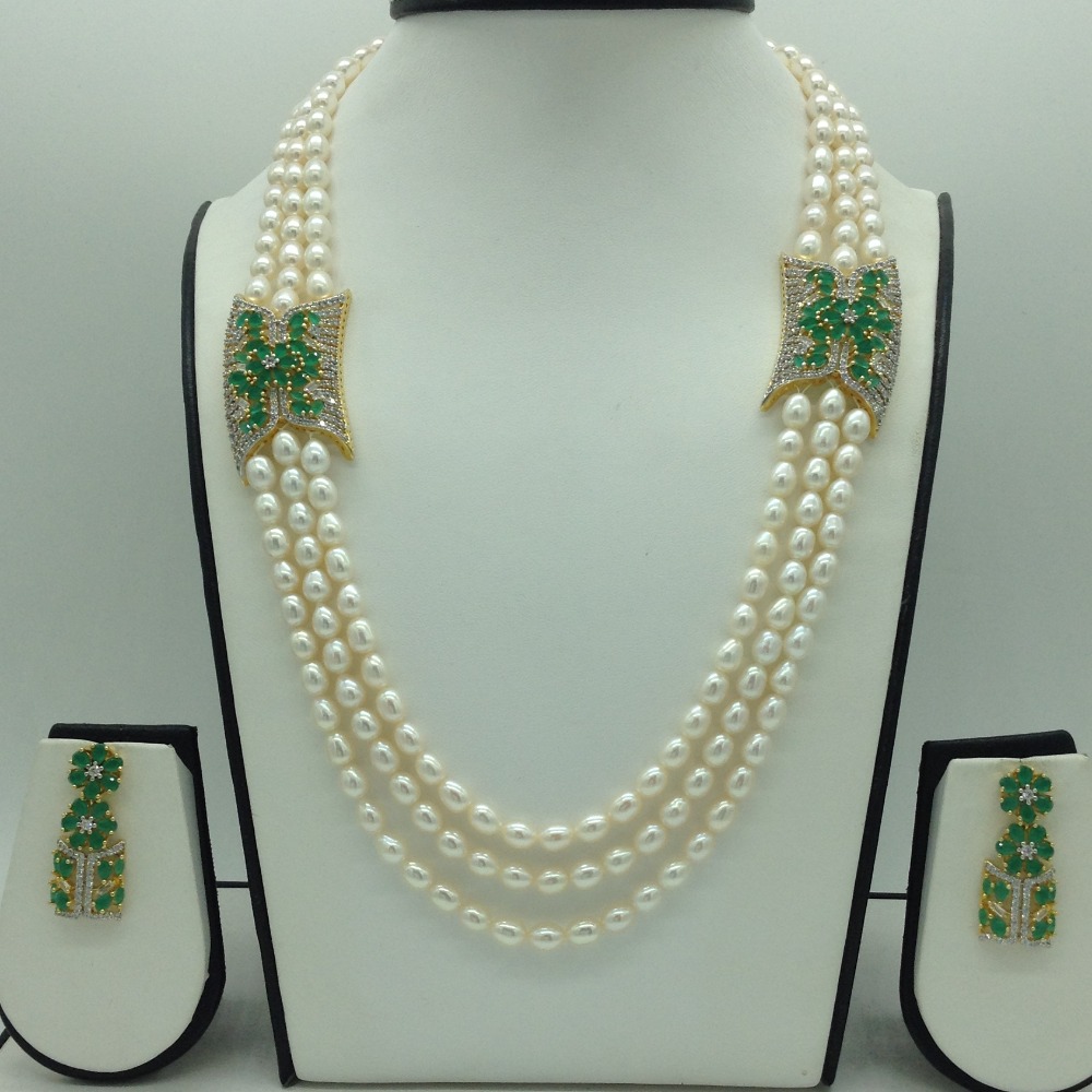 White,Green CZ Broach Set With 3 Line Pearls Mala JPS0768