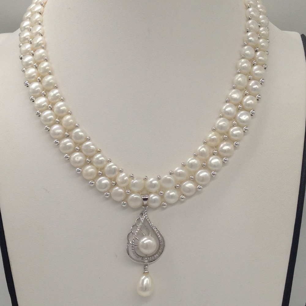 White cz pendent set with 2 line button pearls mala jps0250