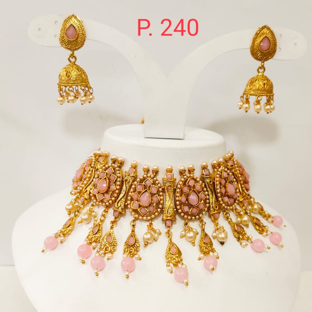 Antique choker with pink stone and gold plated hand made necklace set 1391