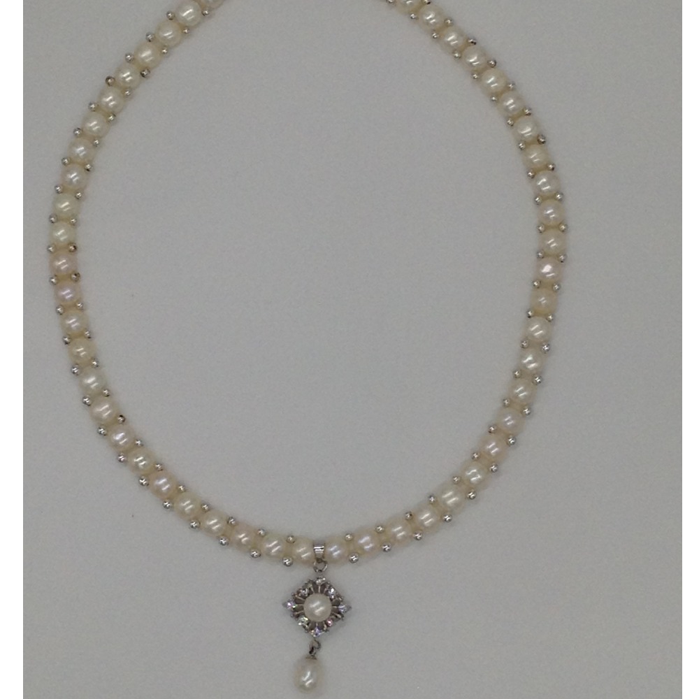 White cz and pearls pendent set with button jali pearls mala jps0181