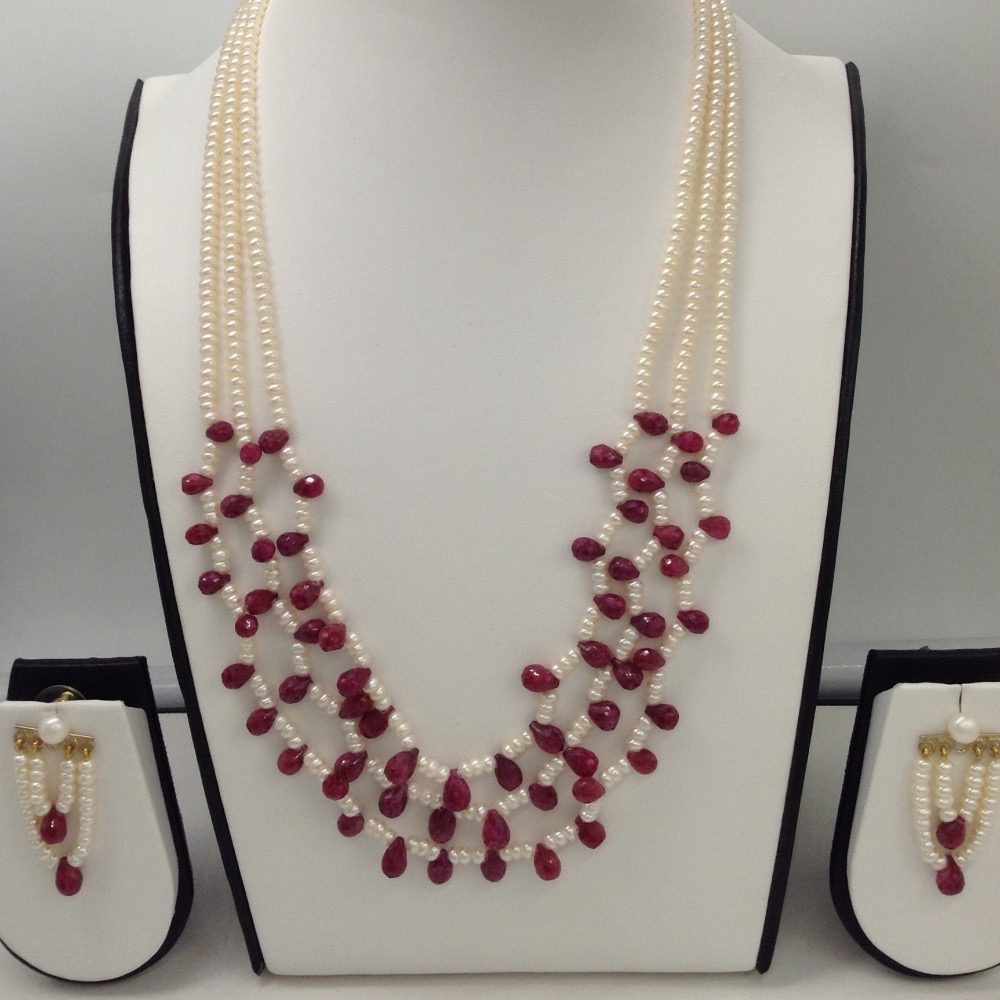 Freshwater White Flat Pearls 3 Layers Necklace Set With Faceted Ruby Drops JPP1006