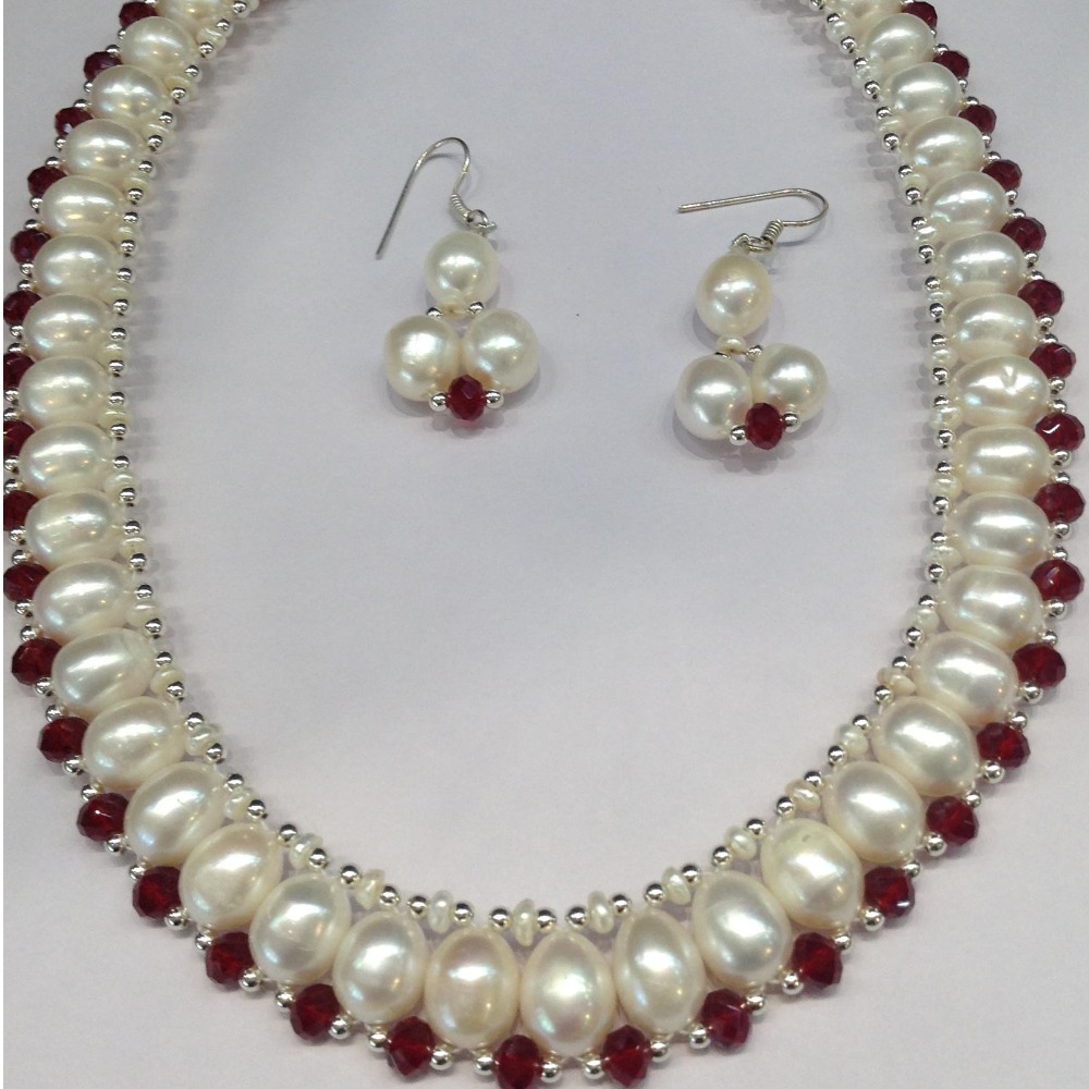 Freshwater white oval pearls and red crystals "u" jaali set jpp1003
