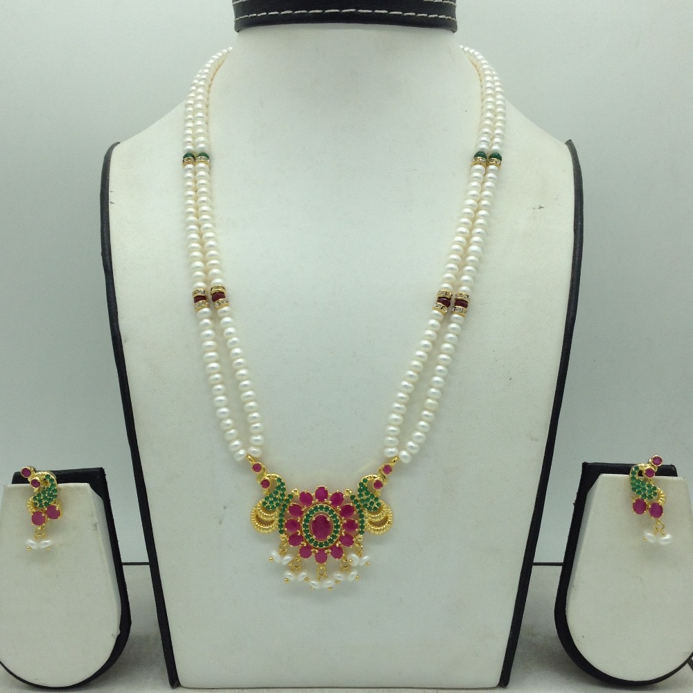 Buy quality Red,Green Cz Pendent Set With 2 Line White Pearls Mala ...