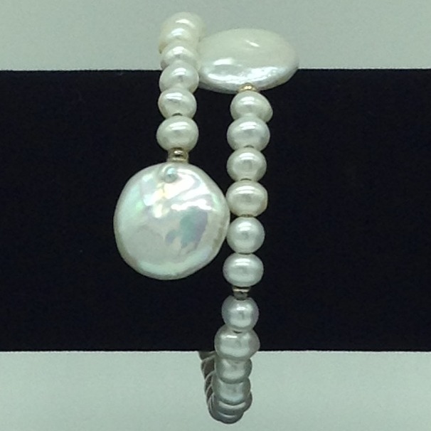 White Potato And Chip Baroque Pearls With White Jaco Balls 1 Layers Stiff Bracelet JBG0180