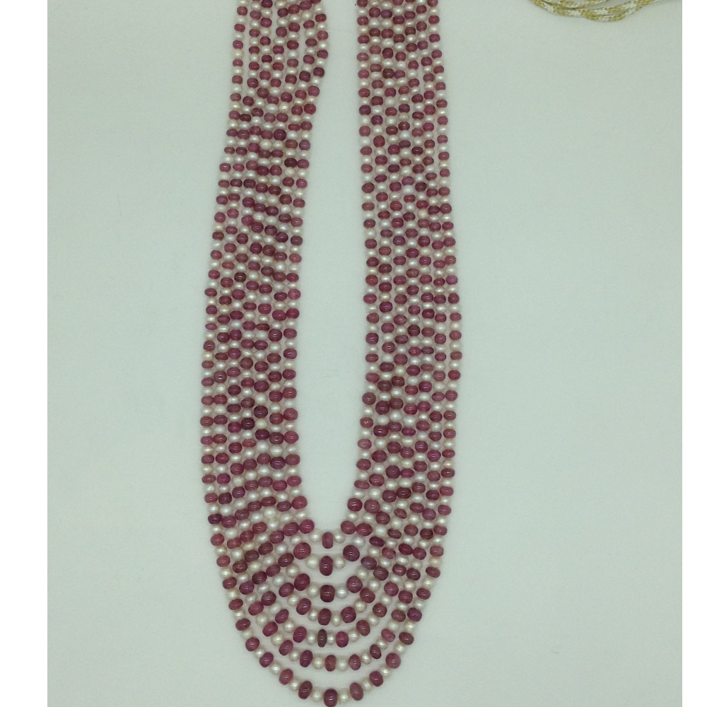 White Flat Pearls with Red Rubies Beeds 7 Layers Mala JPM0510