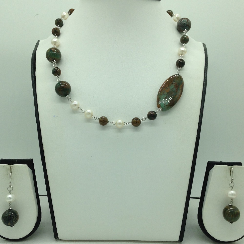 Freshwater cream pearls and melagite silver chain set jnc0095