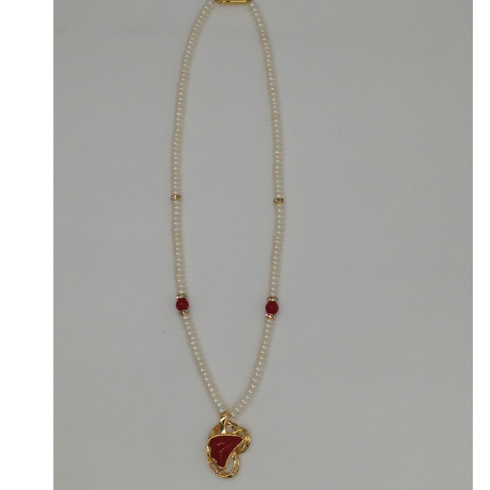 White cz;coral pendent set with flat pearls mala jps0080