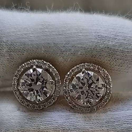 925 silver round solitaire halo screw back earrings