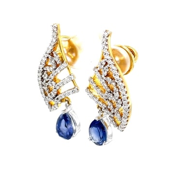 14k yellow gold blue stone diamond earrings