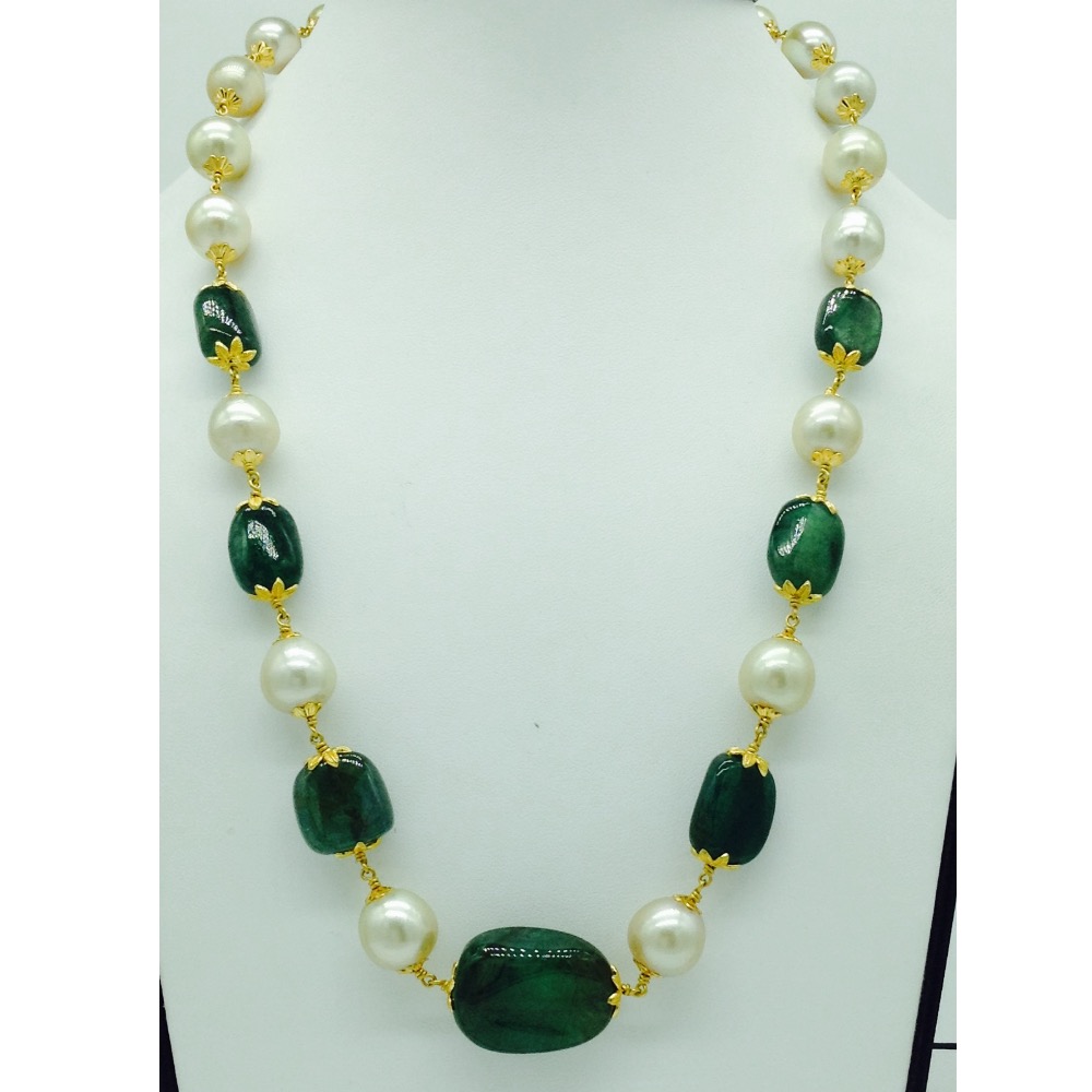 South Sea Pearls With Emerald Tumbles Gold Taar Necklace JGT0003
