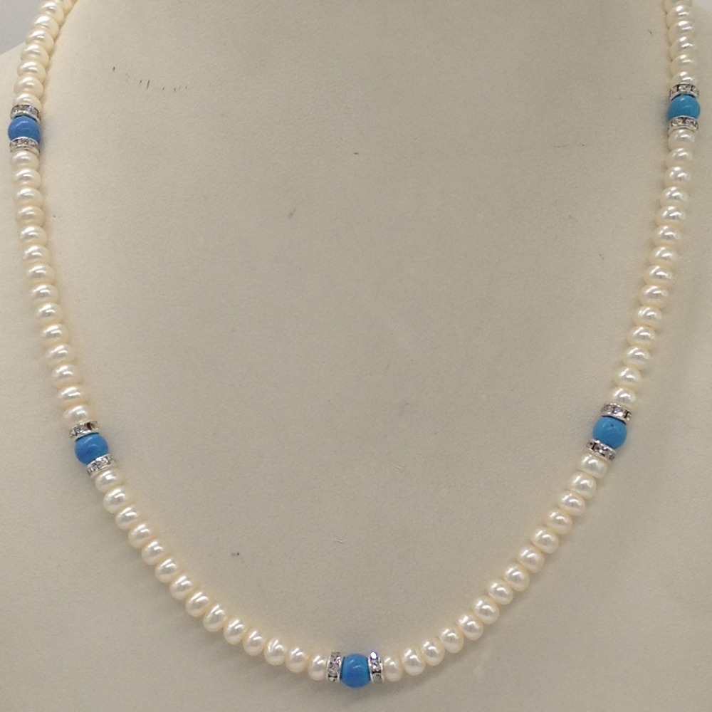 White flat pearls mala with cz chakri and turquoise beeds jpm0347