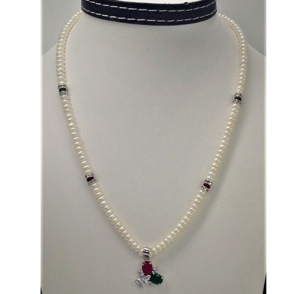 Tri colour cz pendent set with flat pearls mala jps0113